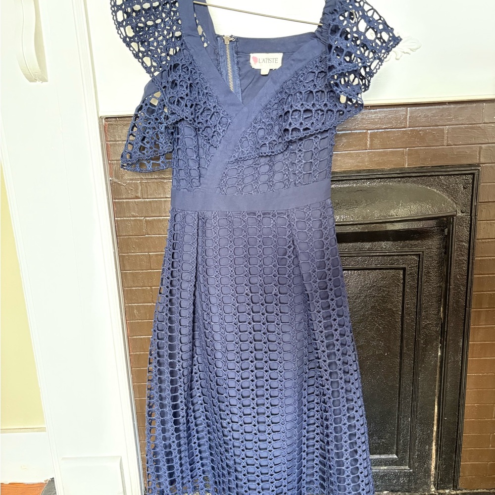 L'ATISTE Navy Crochet Midi Dress